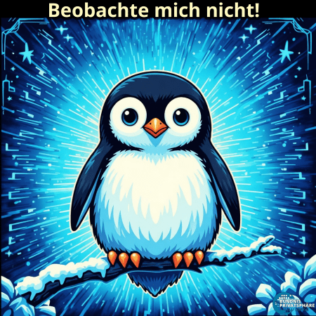 Comic-artiges Logo zur Veranstaltung. In der Mitte ein großer Pinguin, der die betrachtende Person anschaut. Darüber steht der Text „Beobachte mich nicht!“.